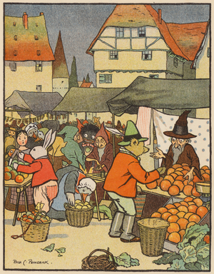 At the Play-Market (colour litho)