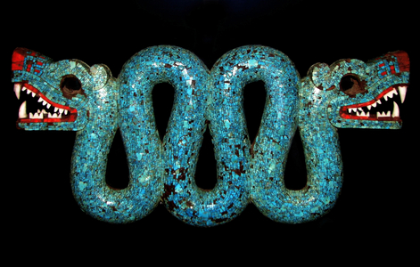 Mosaic of a double-headed serpent for use as a ceremonial pectoral. Aztec, Mixtec, Mexico. 15th-16th century AD (mosaic)