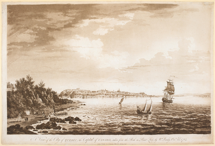 Men, children and a dog on the shore of the St Lawrence River at Point Levi, boats in the water; the city of Quebec in the distance