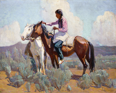 Indian on Horseback, (oil on canvas)