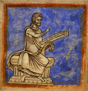 Seated physician with scroll