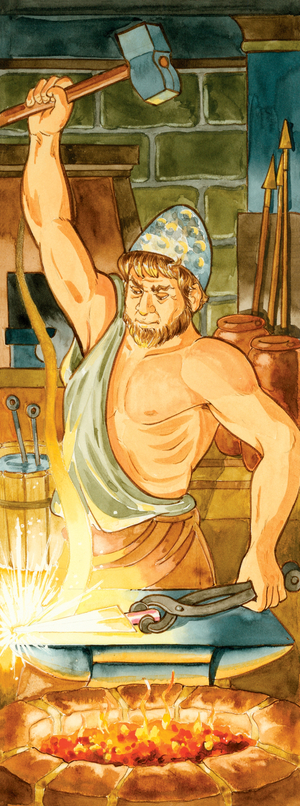 In Greek mythology, Hephaestus was the god of fire, and blacksmith and craftsman to the gods. Romans associated him with Vulcan.