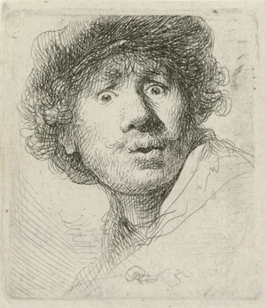 Self-portrait with beret and wide-eyed, 1630 (etching)