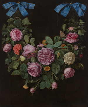 A swag of roses suspended from blue ribbons (oil on canvas)
