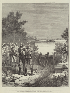 The War in the Soudan, Sir Charles Wilson and his Party on the Island of Meruat, after the Wreck of their Steamer (engraving)