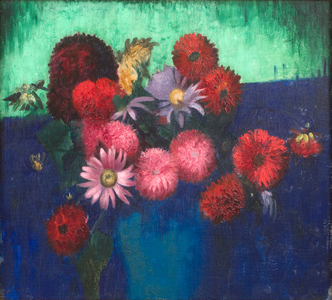 Still Life, Dahlias and Daisies in a Blue Vase, 1916 (oil on canvas)