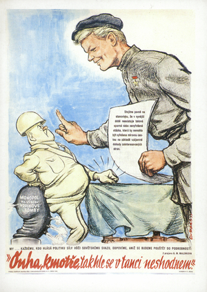 Soviet soldier stopping American militarism (colour litho)