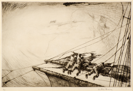 On the Yardarm (Hauling in a torn sail) (etching)