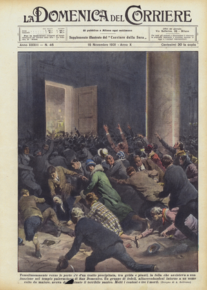 Turbultuously towards the doors there was suddenly a fall, between cries and cries  (colour litho)