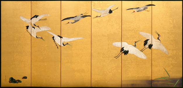 Reeds and Cranes, Edo Period (colours on gilded silk)