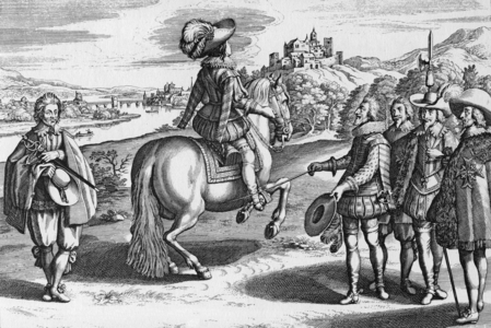 Young king Louis XIII on horse, on r is his instructor Antoine de Pluvinel, engraving by Crispin de Passe from book "Le manege royal" by Antoine de Pluvinel, 1623