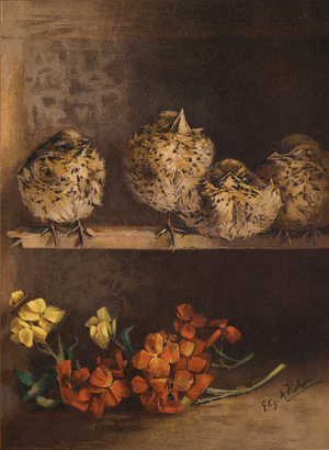 Young chicks and flowers (chromolitho)