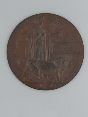 Commemorative Medallion 1914-1918 issued to the next-of-kin of Rifleman Frederick Leonard Humm, 8th Battalion, The Rifle Brigade (metal)