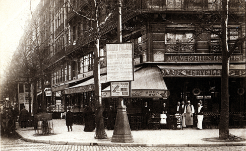Restaurant 'Aux Merveilles Des Mers', 8 Place De La République, with an advert for the Exposition Universelle at the Grand Palais, 1900 (b/w photo)