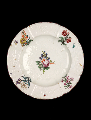 Plate, with flowers (rose centre), c.1755 (frit paste porcelain)