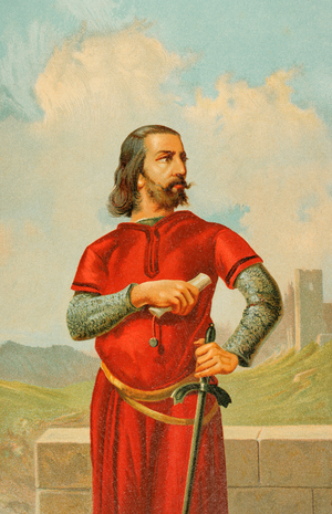 Rodrigo Díaz de Vivar, known as El Cid Campeador, Castilian nobleman, 1884 (colour litho)