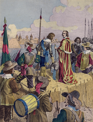 Cardinal Richelieu at the Siege of La Rochelle, 1627-1628 (colour litho)
