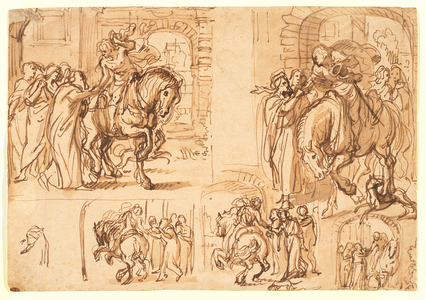 Composition studies for 'The departure of the prodigal son', 17th century (pen & brown ink & brown wash on paper)