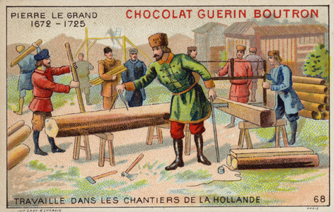 Peter the Great working in the dockyards of the Netherlands (chromolitho)