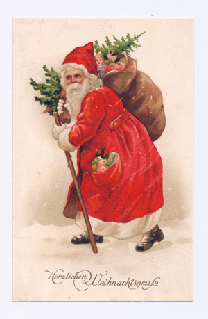 Edwardian postcard of Father Christmas carrying a Christmas tree and sack of toys across his shoulder, c.1910 (colour litho)