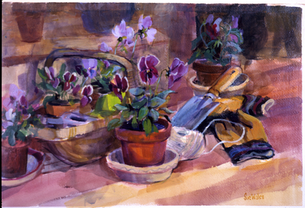 Potting up the pansies, 1996 (gouache on card)
