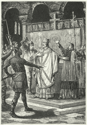 The murder of Thomas a Becket in Canterbury Cathedral, 1170 (engraving)