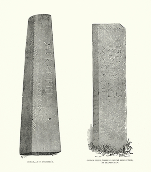 Ogham, at St Dogmael's; Ogham Stone, with Bilingual Inscription at Llanfechan (engraving)