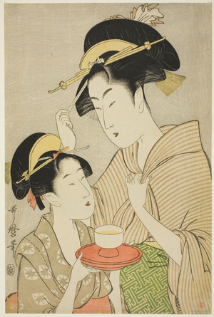 A Young Girl Offering Tea to Another Woman, c.1797 (colour woodblock print; oban)