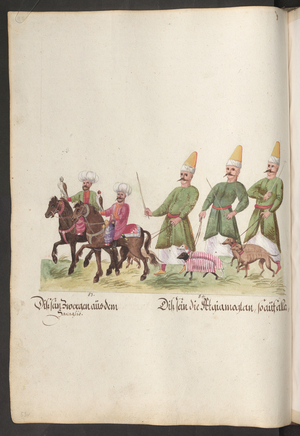 The court of a pasha and sultan: two dwarfs on horseback with hunting falcons ...