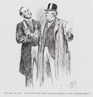 "OH, dear No, Sir! You won't find that class of article at any respectable shop!" (litho)