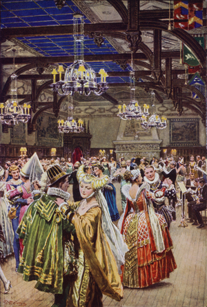 Tudor themed costume ball in the Baronial Hall, Winter Gardens, Blackpool (colour litho)