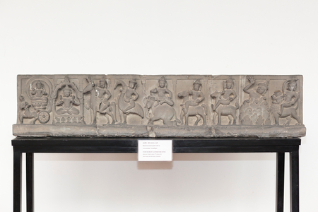 Stone bas relief with the nine deities, Khmer art, Preah Ko style, Prasat Lolei in Cambodia, 10th century AD (stone)