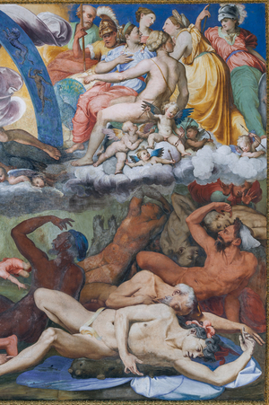 Zeus striking the rebelling Giants (the Fall of Giants) in The Hall of Jupiter, 1530-33 (fresco) (detail of 3606300)