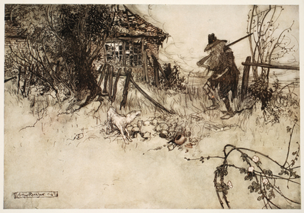 "He found the house gone to decay'My very dog,' sighed poor Rip, 'has forgotten me.'",  from Rip Van Winkle by Washington Irving, pub. 1910 (colour litho)