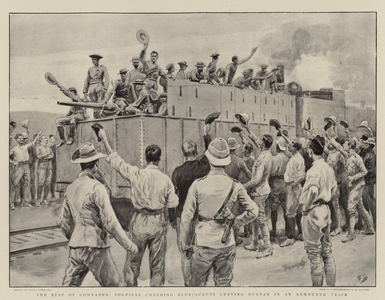 The Best of Comrades, Soldiers cheering Bluejackets leaving Durban in an Armoured Train (litho)