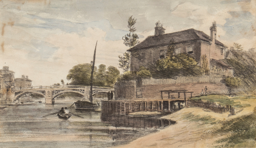 Berkshire: Windsor Bridge from the meadow going to Clewer, Mr Collins' House, Young Cramer and Blagsom in the boat, 18 July 1832 (pencil & watercolour on paper)