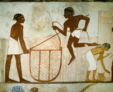 Farmers carrying baskets full of wheat (mural painting)