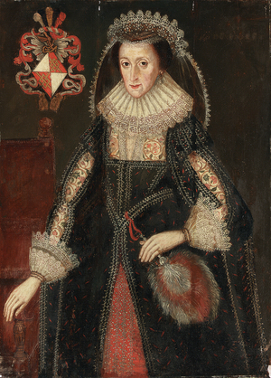 Portrait of Lady Eleanor Dutton, three-quarter length, in elegant dress, standing beside a chair
inscribed with coat-of-arms of the Dutton family of Cheshire and Gloucestershire (oil on panel)