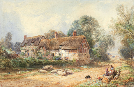 A Thatched Cottage on a Lane (watercolour)