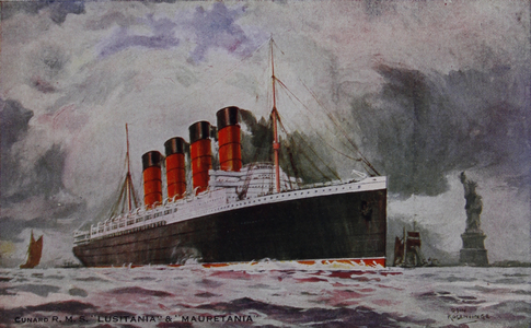 Cunard R.M.S. 'Lusitania' & 'Mauretania', 1912 (colour litho)