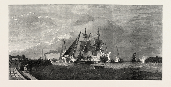 Exhibition of the Society of Painters in Water Colours, Vessels Leaving the Harbour of Great Yarmouth, UK, 1851 Engraving