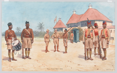 Soldiers of the Gold Coast Regiment outside the regimental HQ at Kumasi, 1912 (w/c)