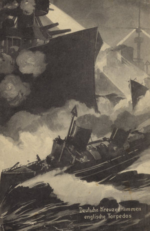 German cruiser ramming a British torpedo boat, World War I (litho)