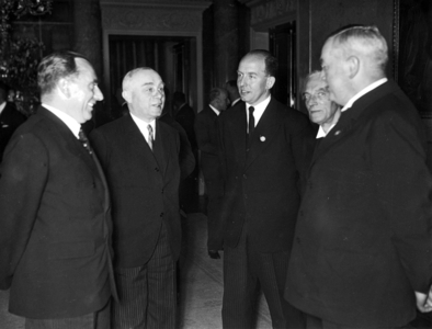 Mikecz, Sztojay, Roland Freisler, Erwin Bumke, Franz Gurtner during a reception, 1938 (b/w photo)