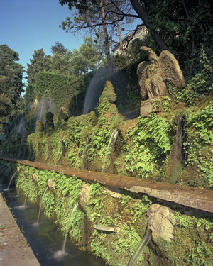 A d'Este eagle among the spouts in the Hundred Fountains, Villa d'Este, Tivoli (photo)