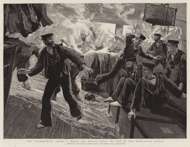 The "Conqueror" Ships a Heavy Sea which finds its Way to the Ward-Room Galley (engraving)