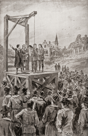 The first execution in New England, North America of John Billington in 1630, hanged for the murder of John Newcomen, fellow passenger on the Mayflower. John Billington, also spelled Billinton, c. 1580  1630. Englishman who travelled to the New World on the Mayflower and was one of the signers of the Mayflower Compact.  From The History of Our Country, published 1899