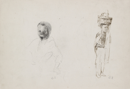 Studies of Two Young Boys with faint indications of a female figure, 1852 (pencil with pen & ink on paper)