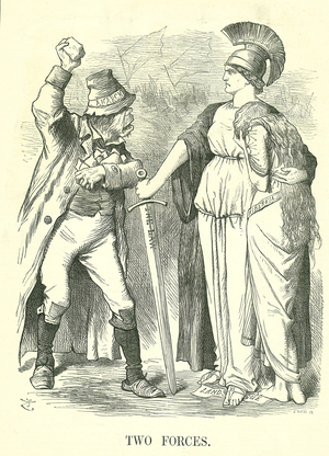 Two Forces: Irish Land League outlawed. Britannia protects Hibernia (Ireland) with the Force of Law against the Force of Anarchy. John Tenniel cartoon from Punch, London, 29 October 1881.