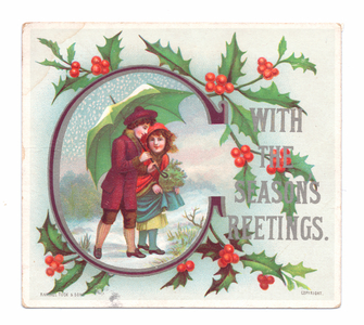 A Victorian greeting card of a boy and a girl shielding under an umbrella against the snow, c.1880 (colour litho)
